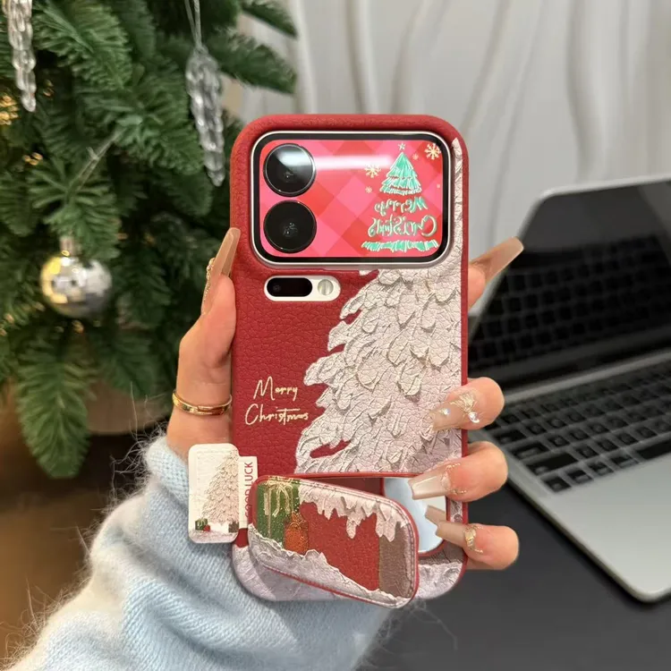 油画圣诞松树标签支架适用苹果16皮纹手机壳小米17vivoppo华为p70