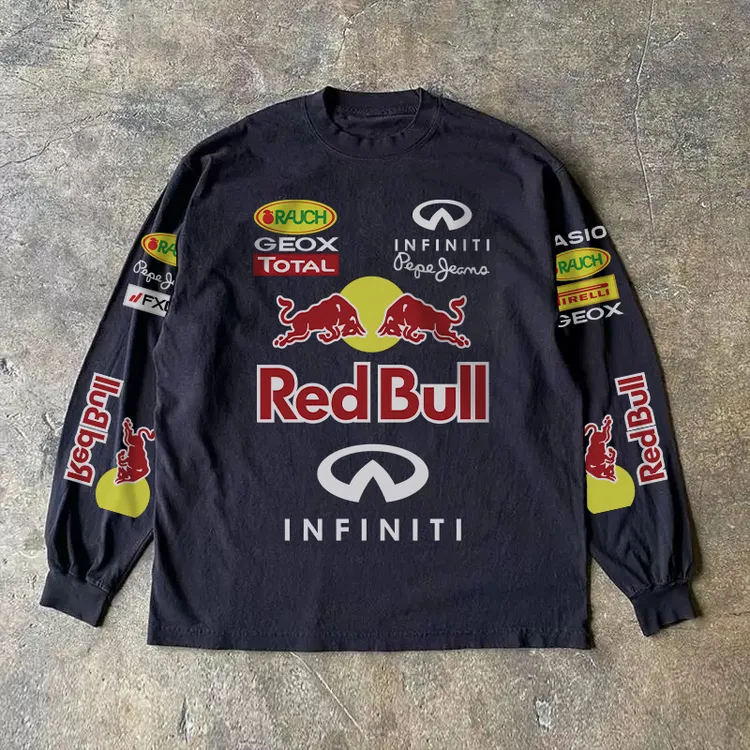 美式慵懒圆领设计感休闲印花宽松百搭潮牌美式潮男上衣长袖T恤