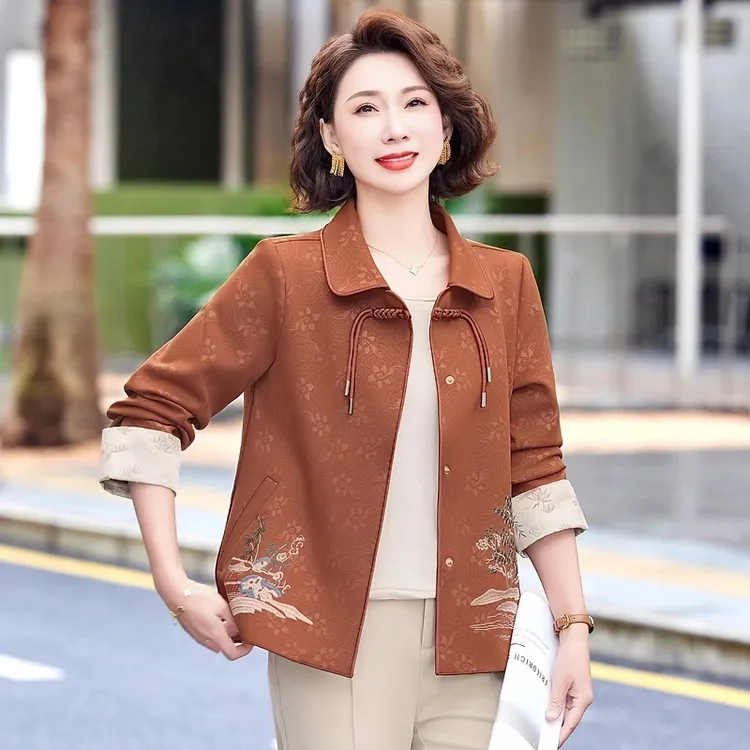 罗蒙妈妈春装女新款中老年女装新中式国风外套中年女士绣花上衣服