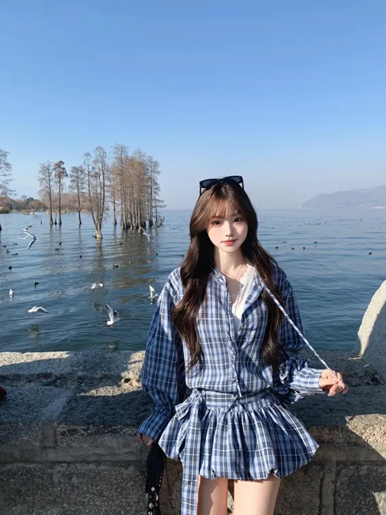 “甜心辣妹”蓝调纯欲复古辣妹风格格纹长袖衬衫裙裤套装
