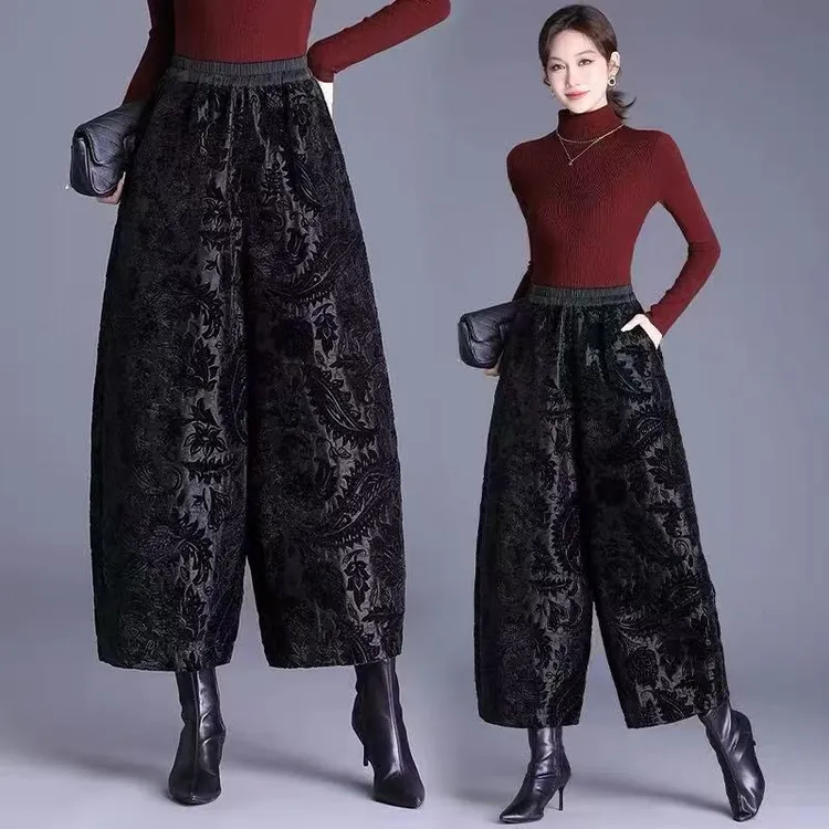 [香云阁]新中式国风复古提花阔腿加棉保暖休闲裤