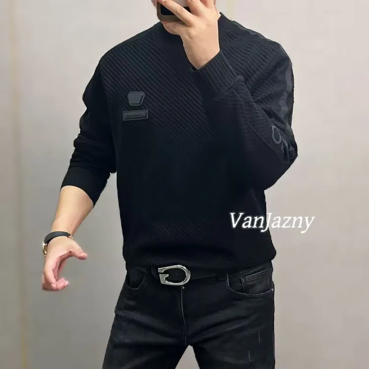 【VanJazny】新款高端男士潮流休闲徽章几何图案长袖圆领卫衣622