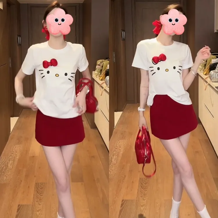 2025新款韩版时尚kiti猫T恤+百搭显瘦半身裙套装LK2505161