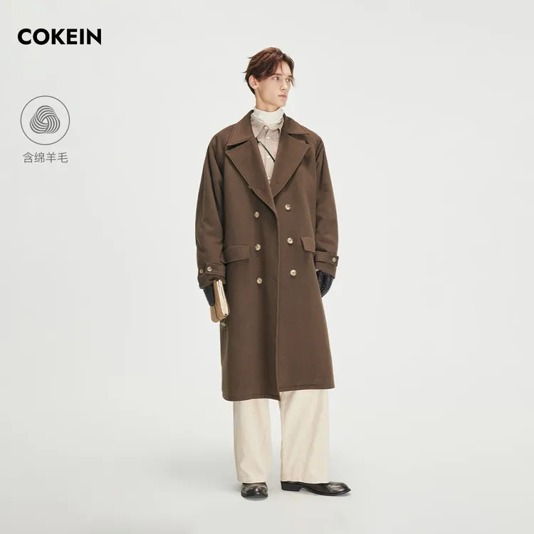 COKEIN羊毛大衣男2025年冬季翻驳领落肩上衣通勤休闲绗棉毛呢外套