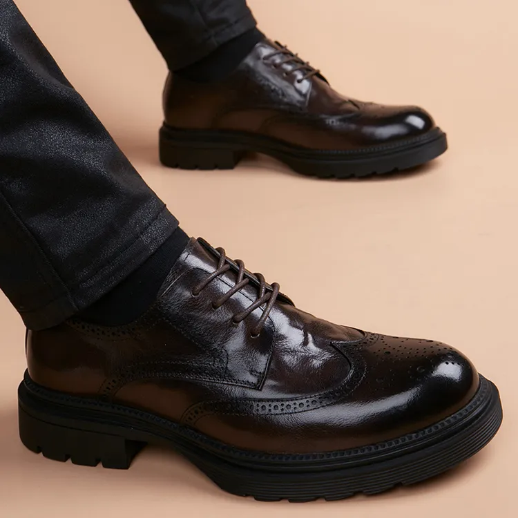 休闲皮鞋男士2025新款男鞋头层牛皮真皮透气英伦内增高正装商务鞋