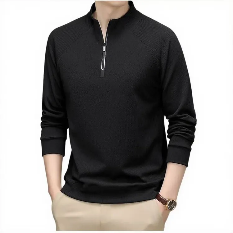 新款高端纹理立领卫衣男士春秋新款宽松半拉链针织休闲t恤长袖