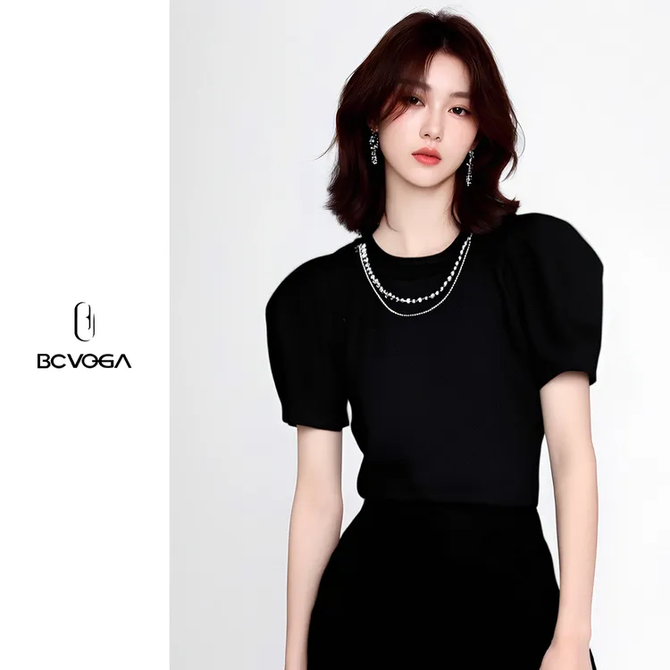 BCVOGA夏季短袖圆领打底泡泡袖千金风T恤气质不规则设计感百搭