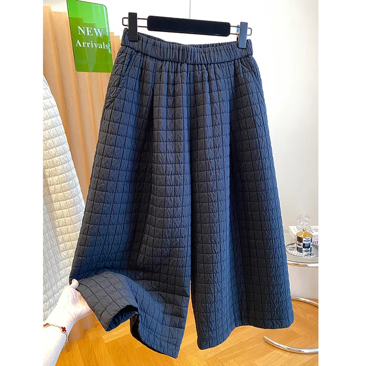 胖妹妹240斤大码格子夹棉裤阔腿裤女装秋冬加厚显瘦休闲八分裤子