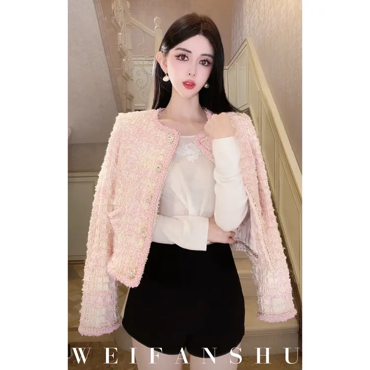 WEIFANSHU/魏凡舒【粉金半夏】早秋新款粗花呢内里桑蚕丝小香风外套