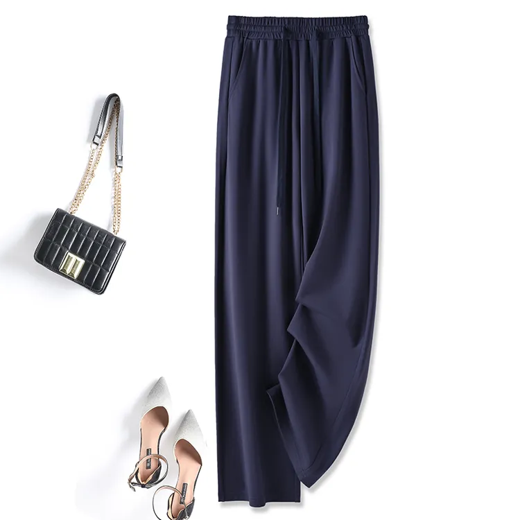 冰丝阔腿裤女2025新款夏季薄款藏青色胖MM大码宽松垂坠感休闲长裤