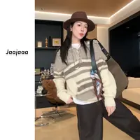 Jaajaaa复古回潮  条纹设计拼接套头休闲百搭小众长袖毛衣/XBC