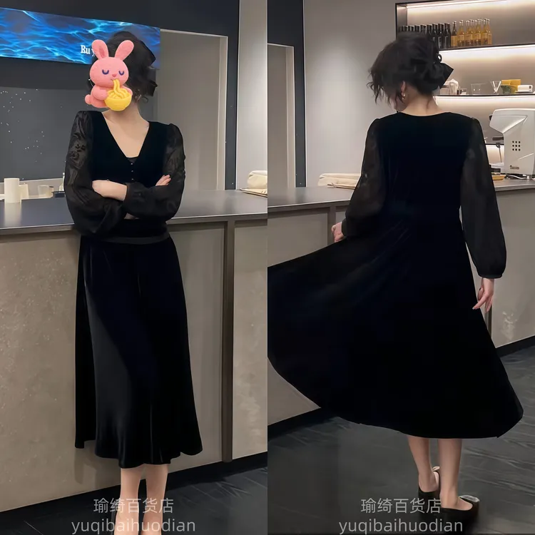 网纱V领连衣裙女2025秋季新款黑色气质款女裙爆款中长裙