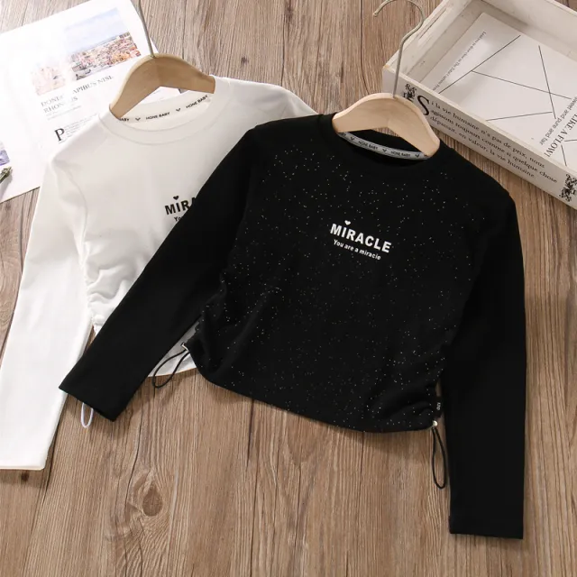 甜酷风女童小短款长袖t恤2025新款春秋洋气上衣女孩高腰打底衫