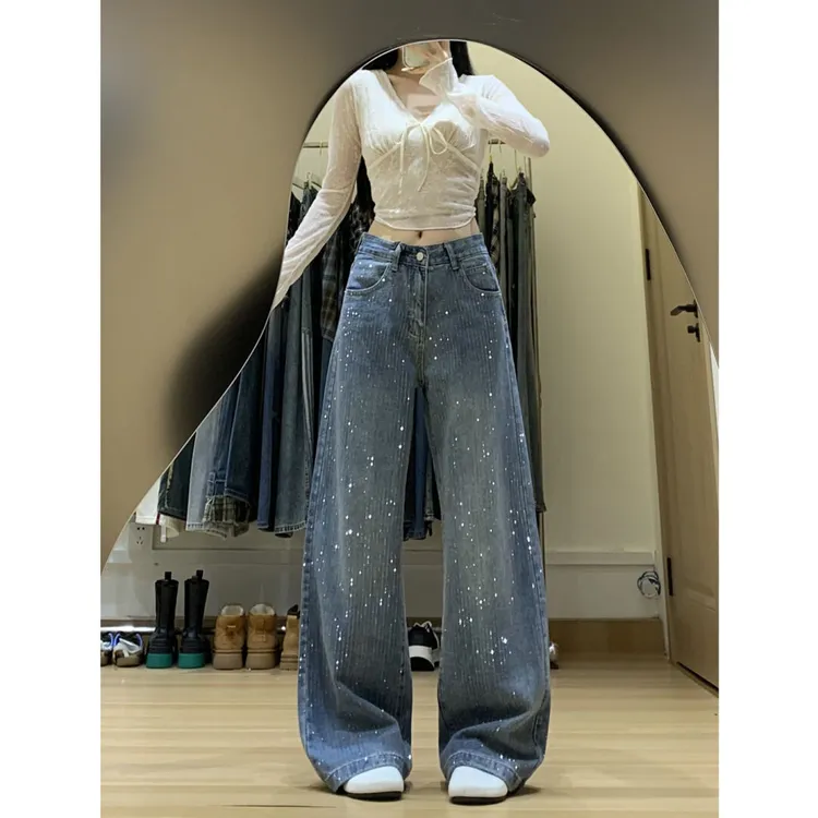 设计感满天星镶钻阔腿牛仔裤女高个子休闲宽松显瘦百搭拖地直筒裤