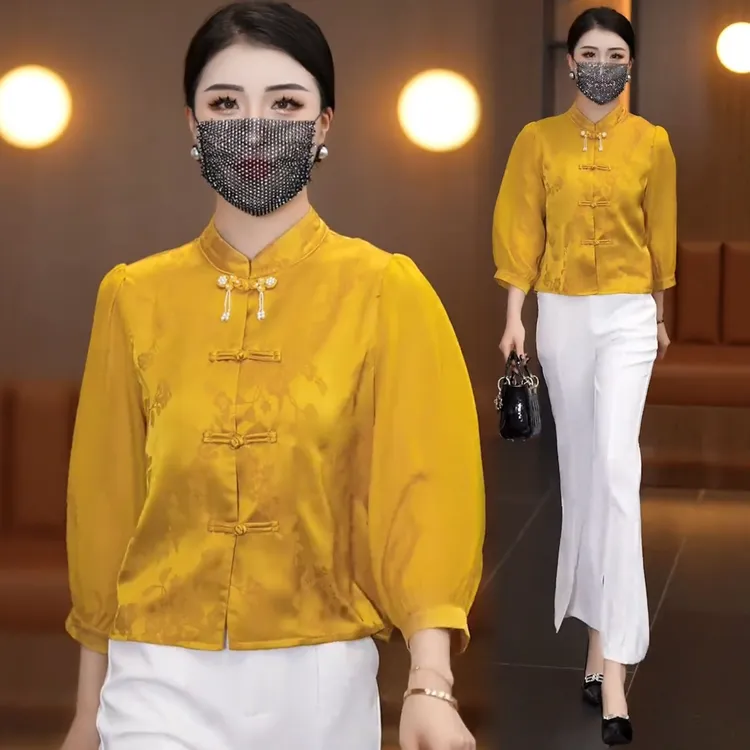 时尚国风盘扣七分袖衬衫女2025夏季新款立领中式显瘦休闲气质上衣