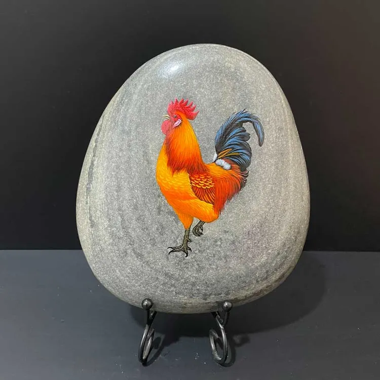 高端纯手绘不掉色丙烯石头画十二生肖鸡书房祝福礼品摆件精品