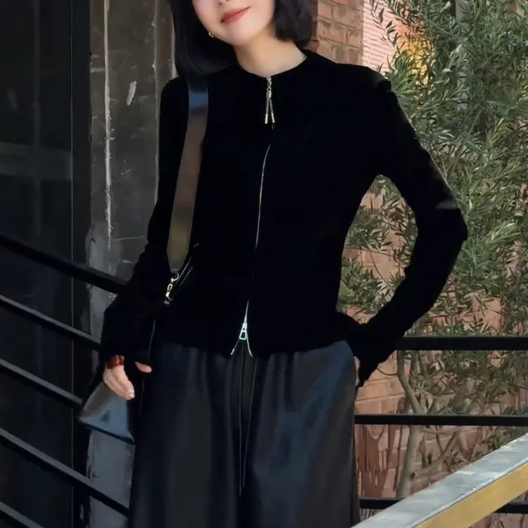 黑色双拉链时尚外套女2025秋季新款修身显瘦时尚休闲洋气百搭上衣