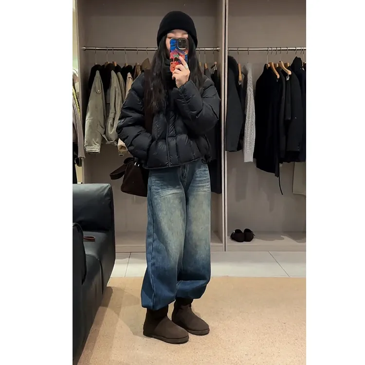 秋冬流行穿搭一整套女2025新款黑色宽松棉服外套百搭牛仔裤两件套