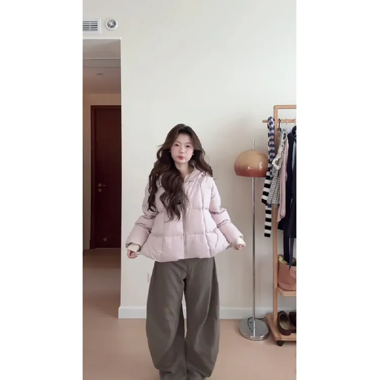 甜美风粉色加厚连帽棉衣棉服外套女2025秋冬新款超好看一整套长裤