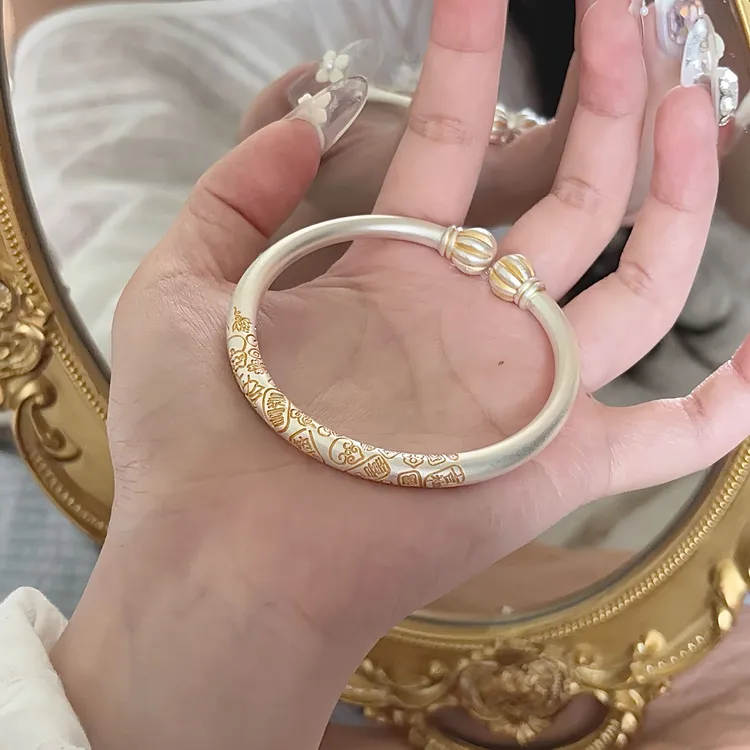 足银手镯 描金吉言南瓜银手镯-足银999.9-40克手工实心古风磨砂