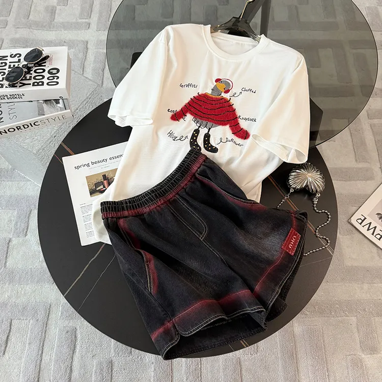 休闲运动时尚套装女夏新款宽松百搭圆领重工刺绣T恤牛仔裤两件套