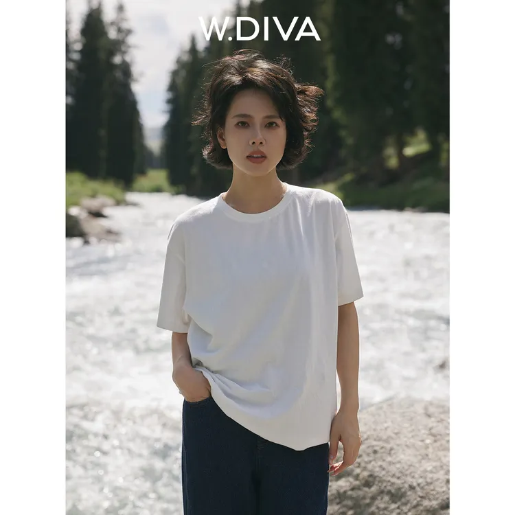 W.Diva【云朵T】桑蚕丝山羊绒圆领短袖T恤纯欲慵懒风女装53T182427