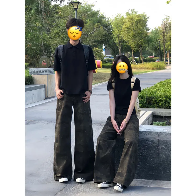美式复古vibe风迷彩裤男裤子宽松阔腿高腰直筒裤男款微喇阔腿长裤