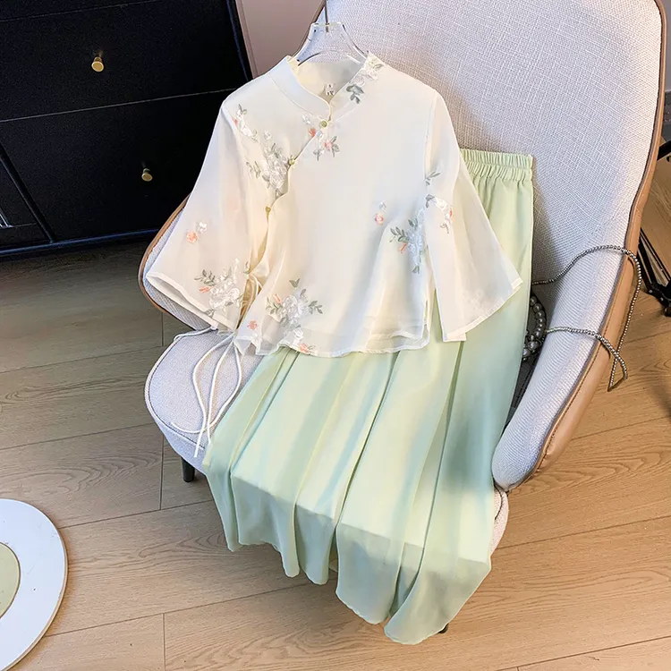 实拍新中式中国风中袖绑带立领盘扣斜襟改良复古上衣半身裙两件套