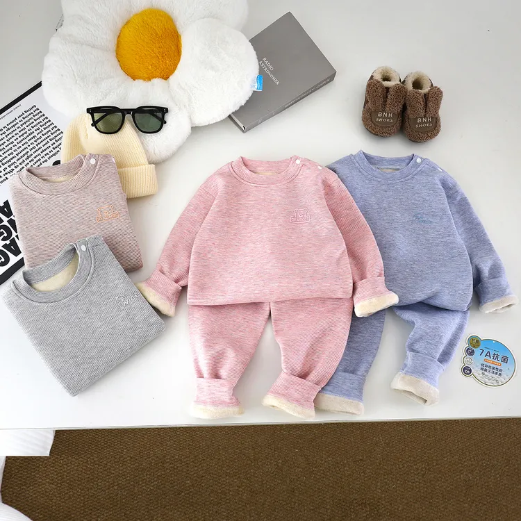 休闲风秋冬居家A类睡衣加绒家居服套装保暖保暖套儿童加厚