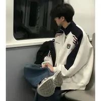 美式盾标字母印花立领拼接三条杠开衫外套男女秋冬季宽松休闲卫衣