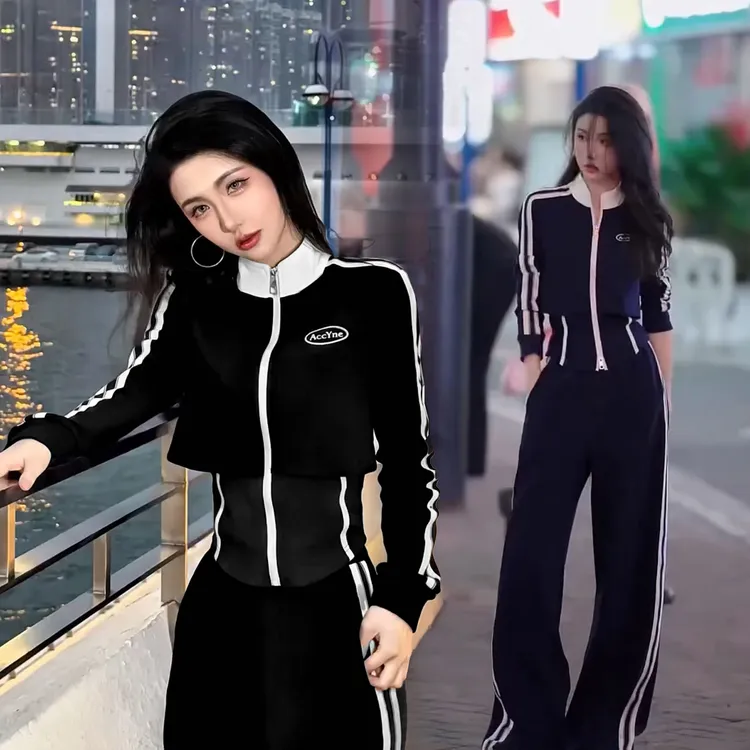 韩版时尚休闲运动服套装女2025春秋新款洋气开衫阔腿裤显瘦两件套