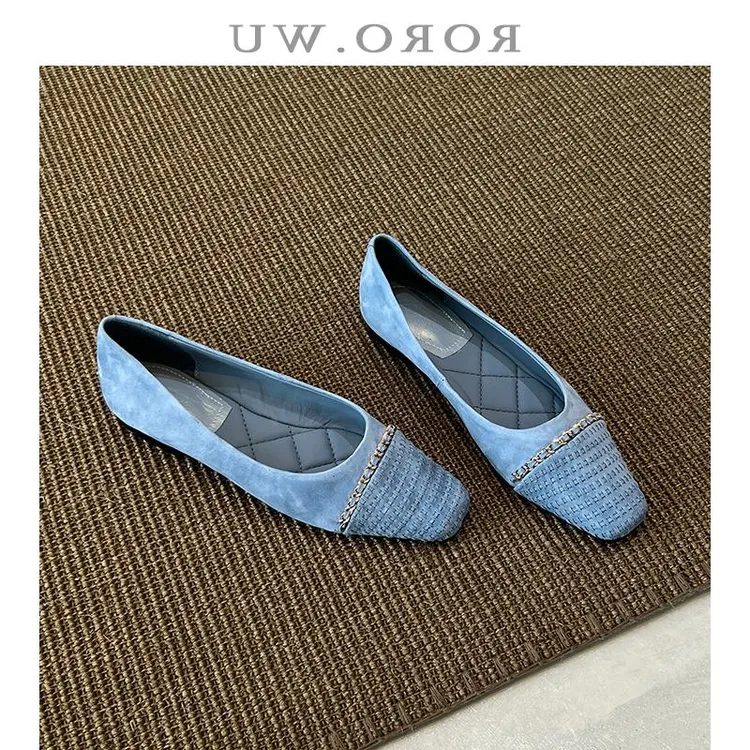 Velvia春秋新款单鞋女方头一脚蹬百搭浅口羊皮平底鞋D731