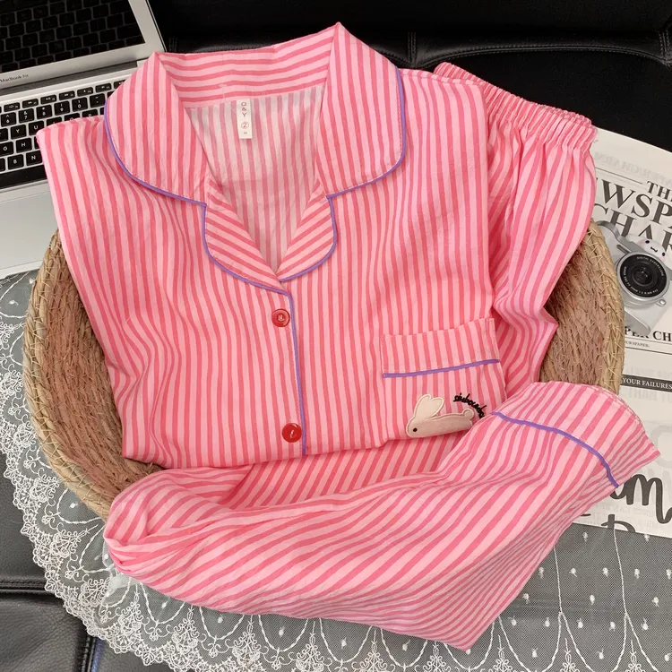【长袖树莓粉兔】春秋季云朵绵翻领睡衣女两件套家居服保暖套装