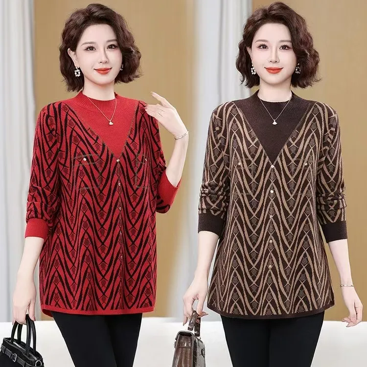 秋冬圆领中长款宽松中老年女装毛衣中年长袖时尚洋气大码针织衫
