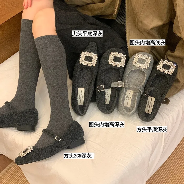复古灰色水钻毛毛鞋女冬季加绒保暖棉鞋呢子单鞋法式仙女玛丽珍鞋