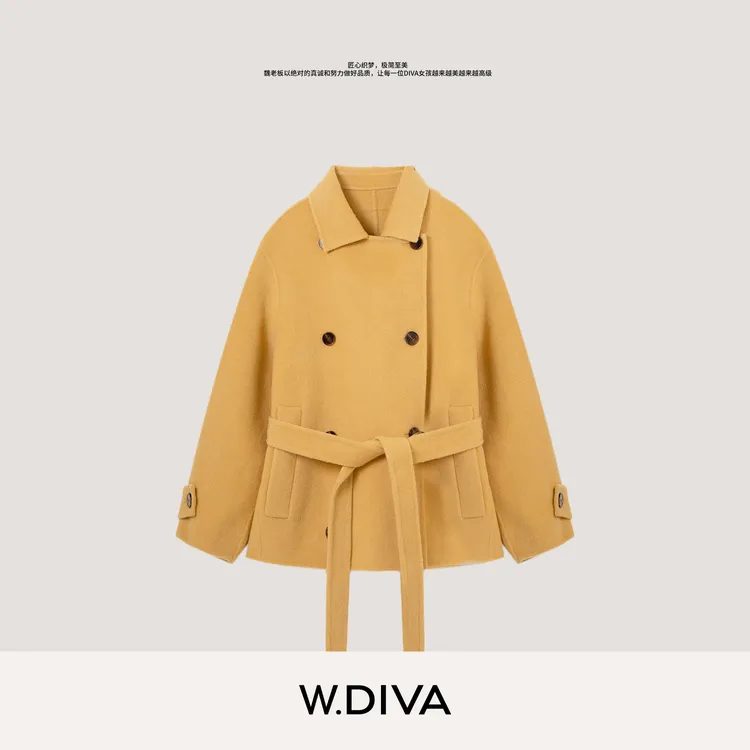 W.Diva【风度织就】双排扣羊驼羊毛大衣外套配本布腰带DWZWWD0074