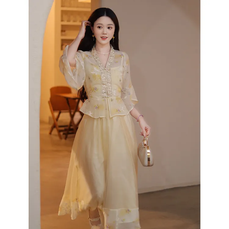 瑶西【浅月】黄色长裙气质汉服连衣裙新中式刺绣外套两件套