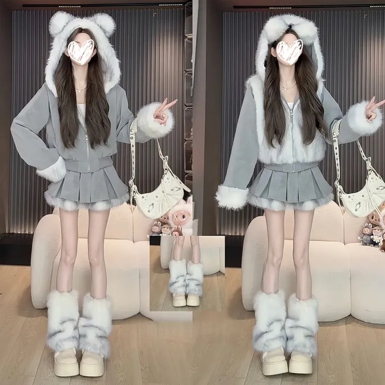 甜美少女可爱减龄气质高级感连帽两穿外套时尚高腰灰色短裙两件套