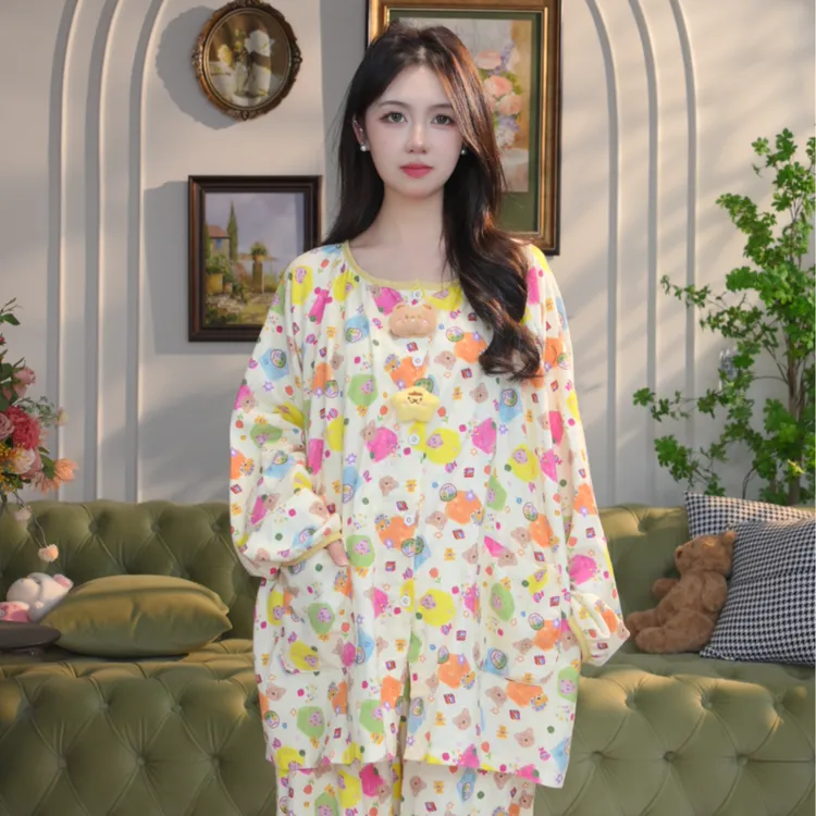 秋季新款大码纯棉双层纱睡衣女薄款圆领家居服长袖长裤可外穿套装