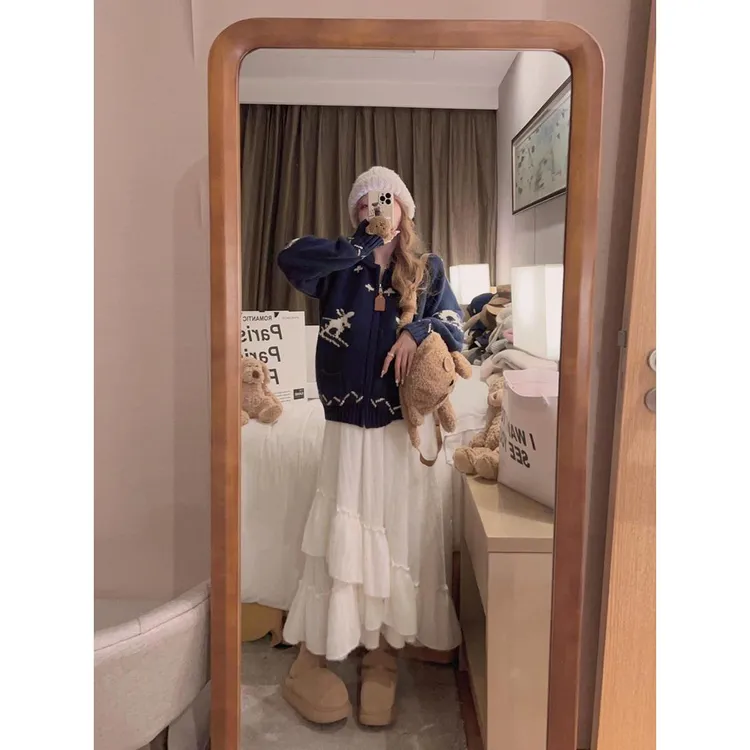 韩系荷叶边拼接米白蛋糕裙半身裙女冬季温柔风仙女裙不规则长裙子