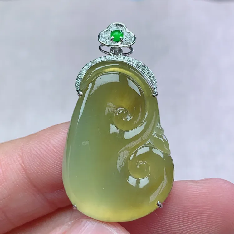 l缅甸天然翡翠A货29-19.6-6.7玉石18k金镶嵌冰种黄翡如意吊坠时尚