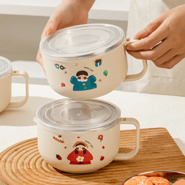 泡面碗宿舍用学生带盖大容量卡通碗不锈钢饭碗带手柄饭盒食堂打饭