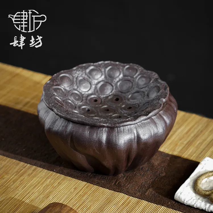 肆坊壹品粗陶莲蓬建水中式复古手工禅意风废水缸茶渣缸带盖过滤
