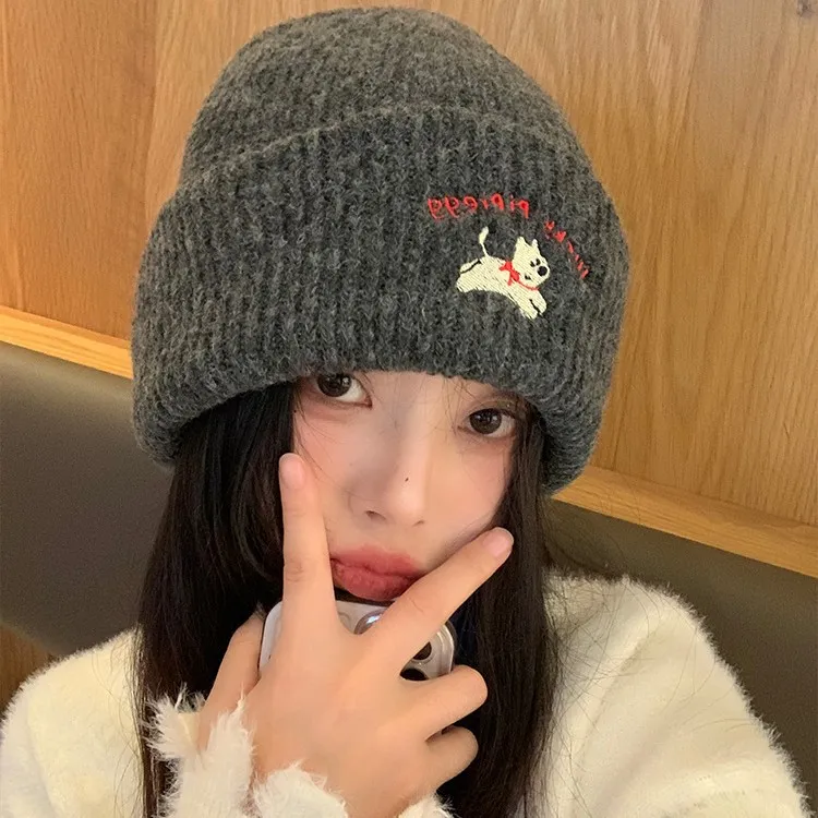 韩版ins可爱刺绣针织毛线帽女加厚保暖秋冬新款显脸小包头帽白色