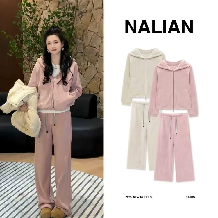 拿恋JGCNN56056#加绒加厚减龄连帽卫衣运动套装56056
