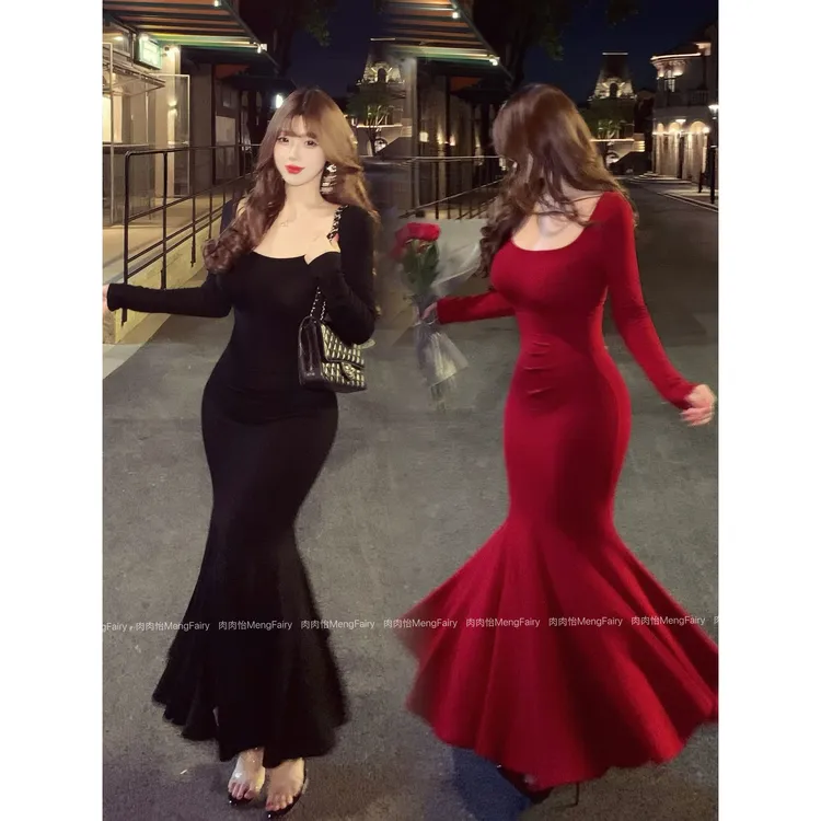 萌面侠肉肉怡【步步生莲】温柔气质包臀鱼尾长款连衣裙6689B