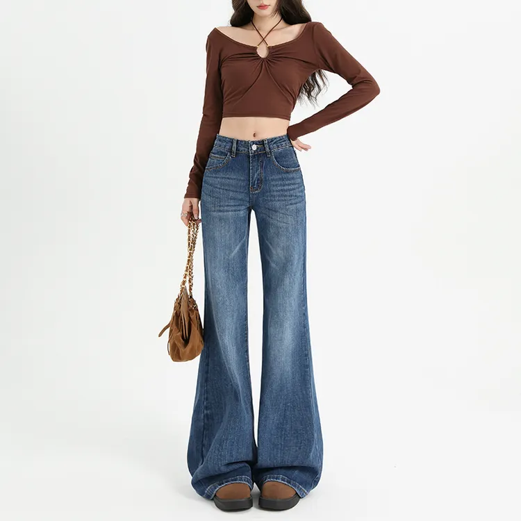 美式低腰微喇牛仔裤高腰女2025秋季新款不贴腿弹力直筒喇叭马蹄裤