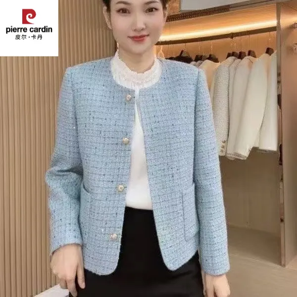 皮尔卡丹新款高档香风气质时尚春秋圆领百搭名媛短妈妈秋装