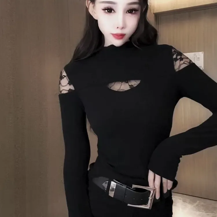 镂空半高领蕾丝长袖拼接法式T恤显瘦打底衫性感网红