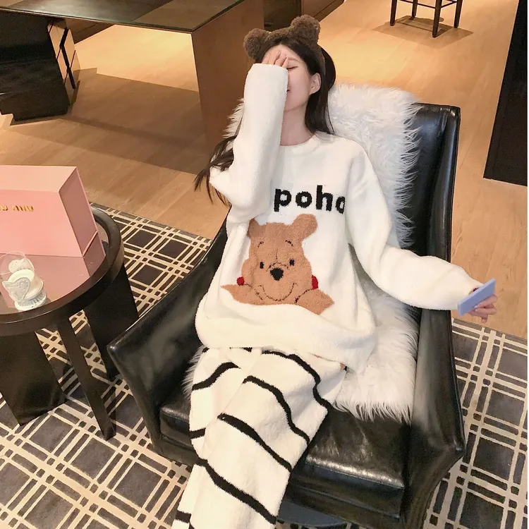 睡衣女秋冬季半边绒加绒加厚保暖套装珊瑚绒冬季可外穿小熊家居服
